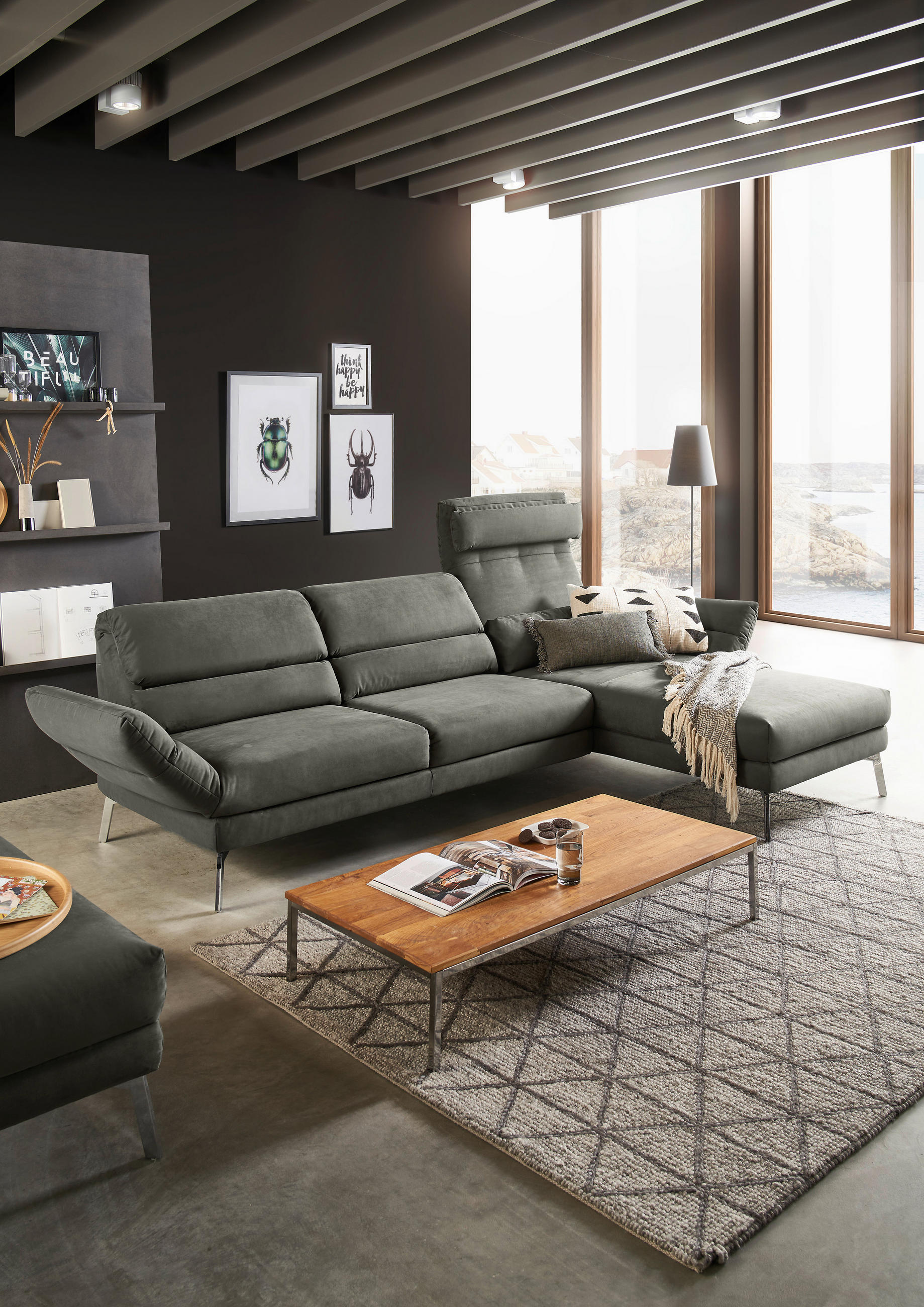 ECKSOFA Graphitfarben Mikrofaser - Chromfarben/Graphitfarben, Design, Textil/Metall (273-327/176-217cm) - Dieter Knoll