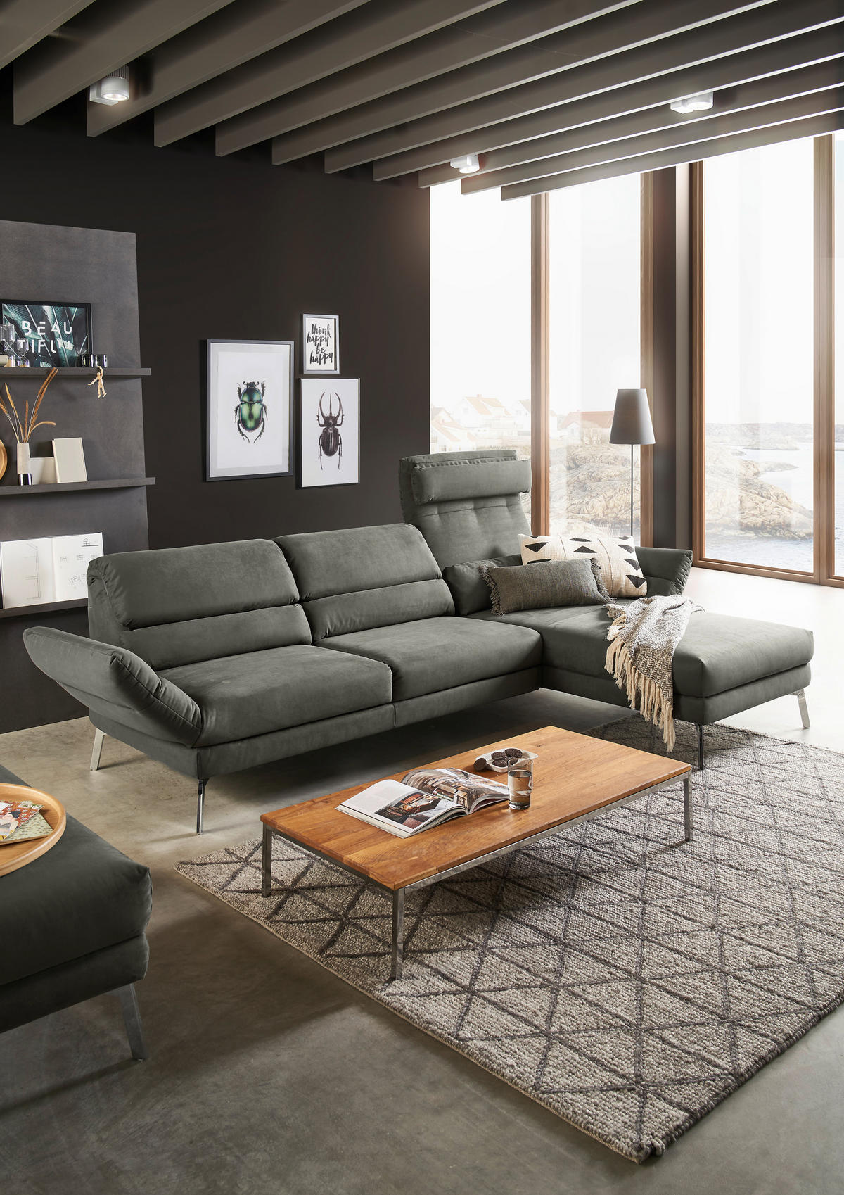 ECKSOFA Graphitfarben Mikrofaser  - Chromfarben/Graphitfarben, Design, Textil/Metall (279-327/176-217cm) - Dieter Knoll