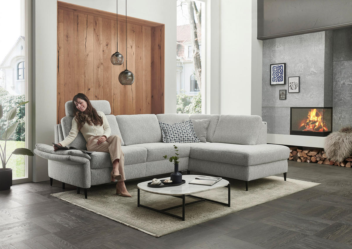 ECKSOFA Webstoff Ecru  - Ecru/Schwarz, Konventionell, Textil/Metall (277/201cm) - Dieter Knoll