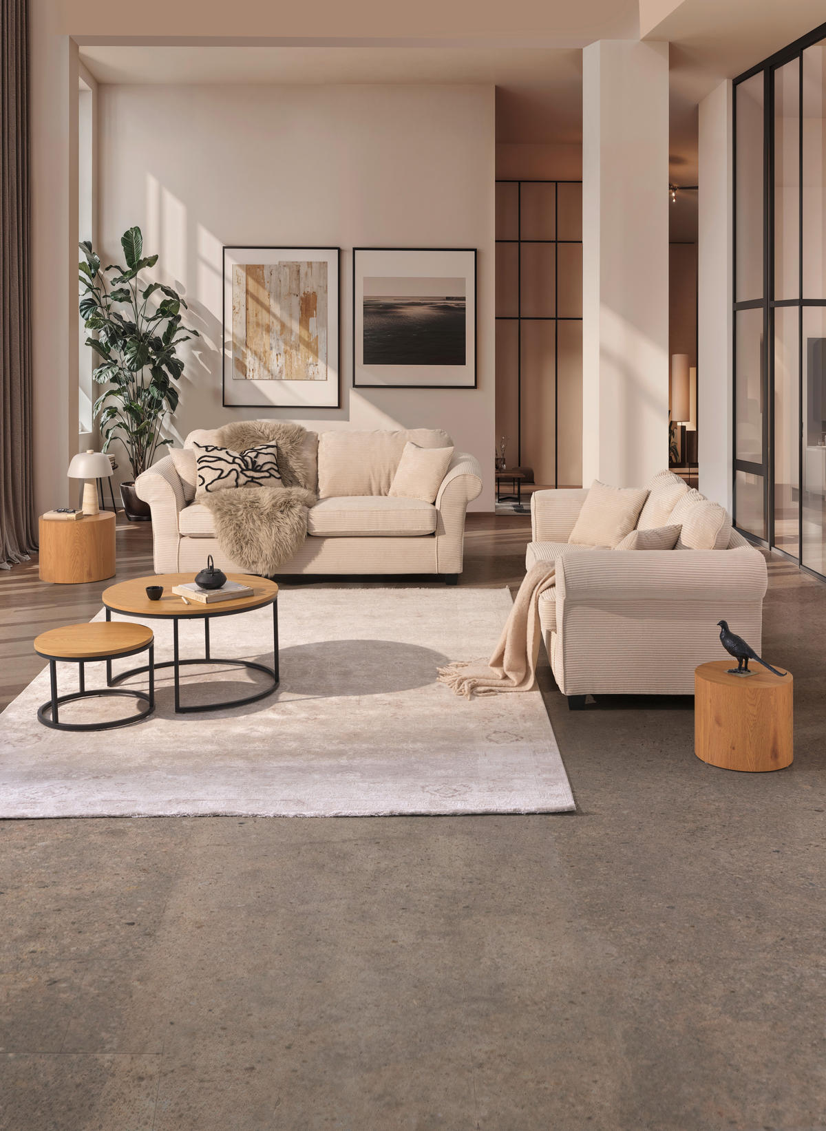 3-SITZER-SOFA in Cord Naturfarben  - Dunkelbraun/Naturfarben, Konventionell, Holz/Textil (215/70/90cm) - home24