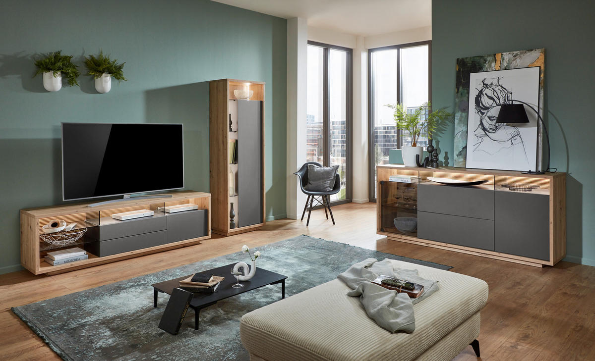 WOHNWAND  in Grau, Eiche Artisan 241/183,5/42 cm  - Eiche Artisan/Grau, Design, Glas/Holzwerkstoff (241/183,5/42cm) - Stylife