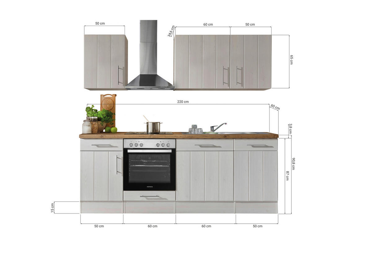 KÜCHENBLOCK 220 cm   in Weiß, Lärchefarben  - Wildeiche/Edelstahlfarben, ROMANTIK / LANDHAUS, Holzwerkstoff/Metall (220cm) - Respekta