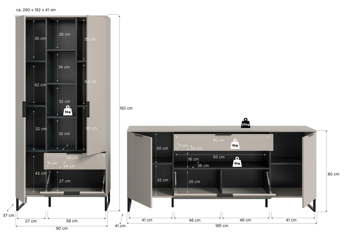 SZEKRÉNYSOR fekete, kasmírszínű  - kasmírszínű/fekete, Design, faalapú anyag/fém (290/192/41cm) - Livetastic