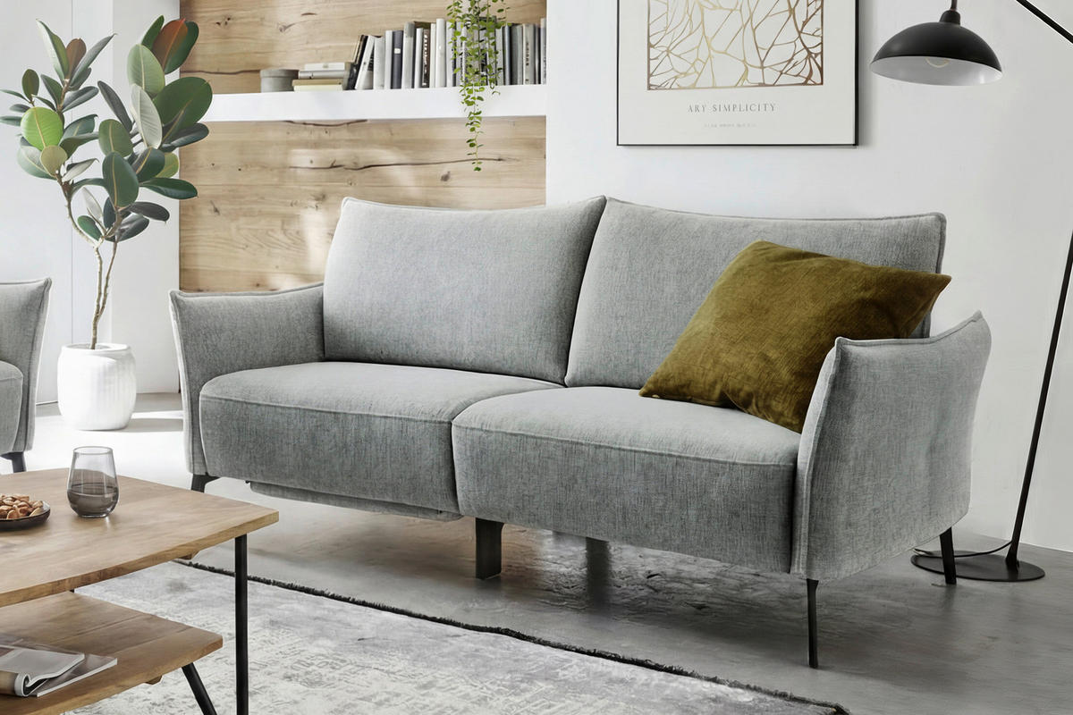 3-SITZER-SOFA Chenille Hellgrau  - Hellgrau/Schwarz, Konventionell, Textil/Metall (184/90/92cm) - Elegando