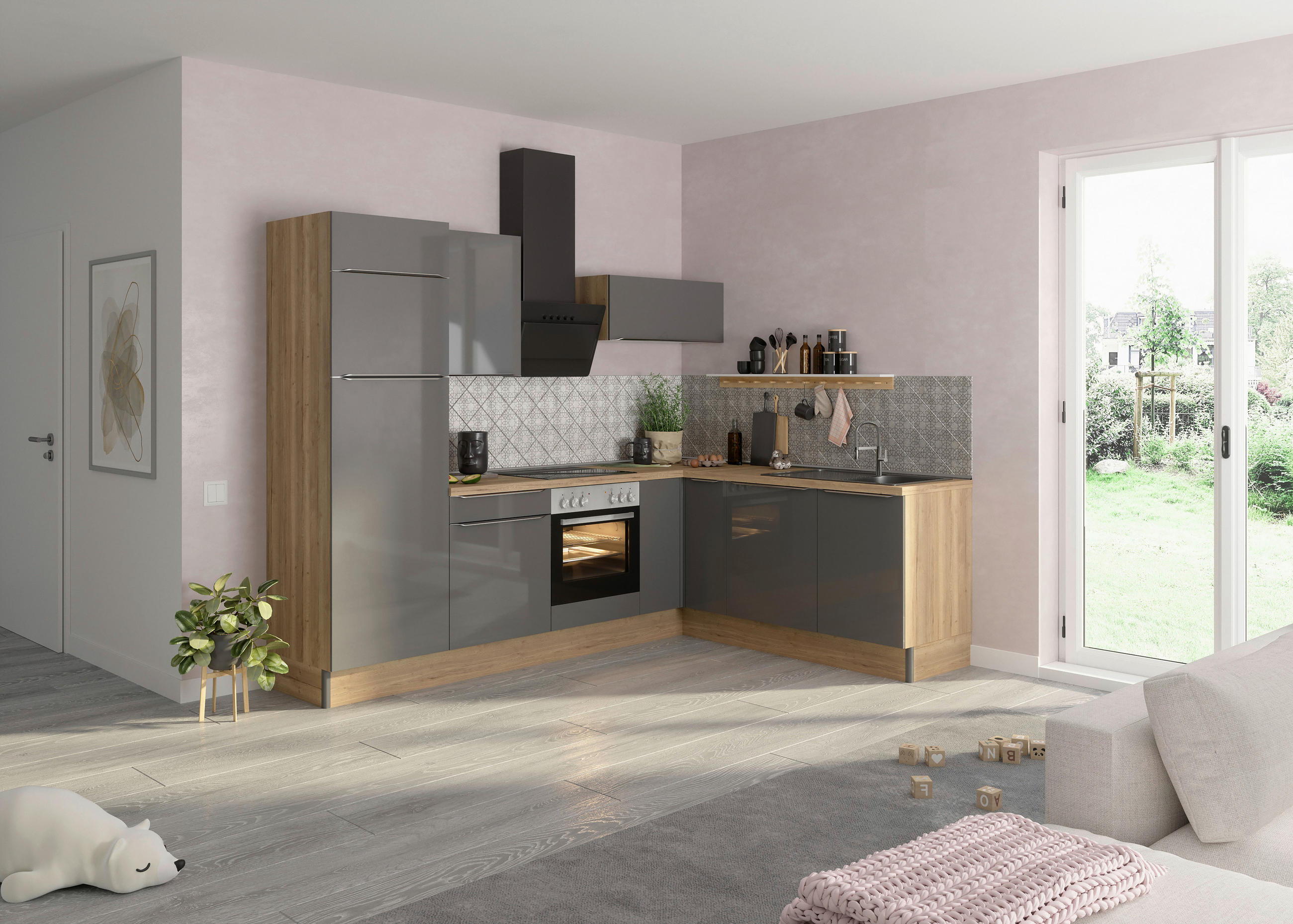 ECKKÜCHE 270/200 cm  in Anthrazit, Eichefarben  - Edelstahlfarben/Eichefarben, Basics, Holzwerkstoff/Metall (270/200cm) - Optifit