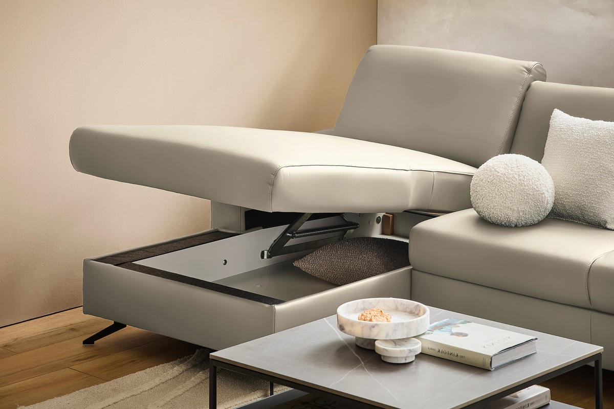 ECKSOFA in Echtleder Ecru  - Ecru/Schwarz, Design, Leder/Metall (165/267cm) - Lomoco