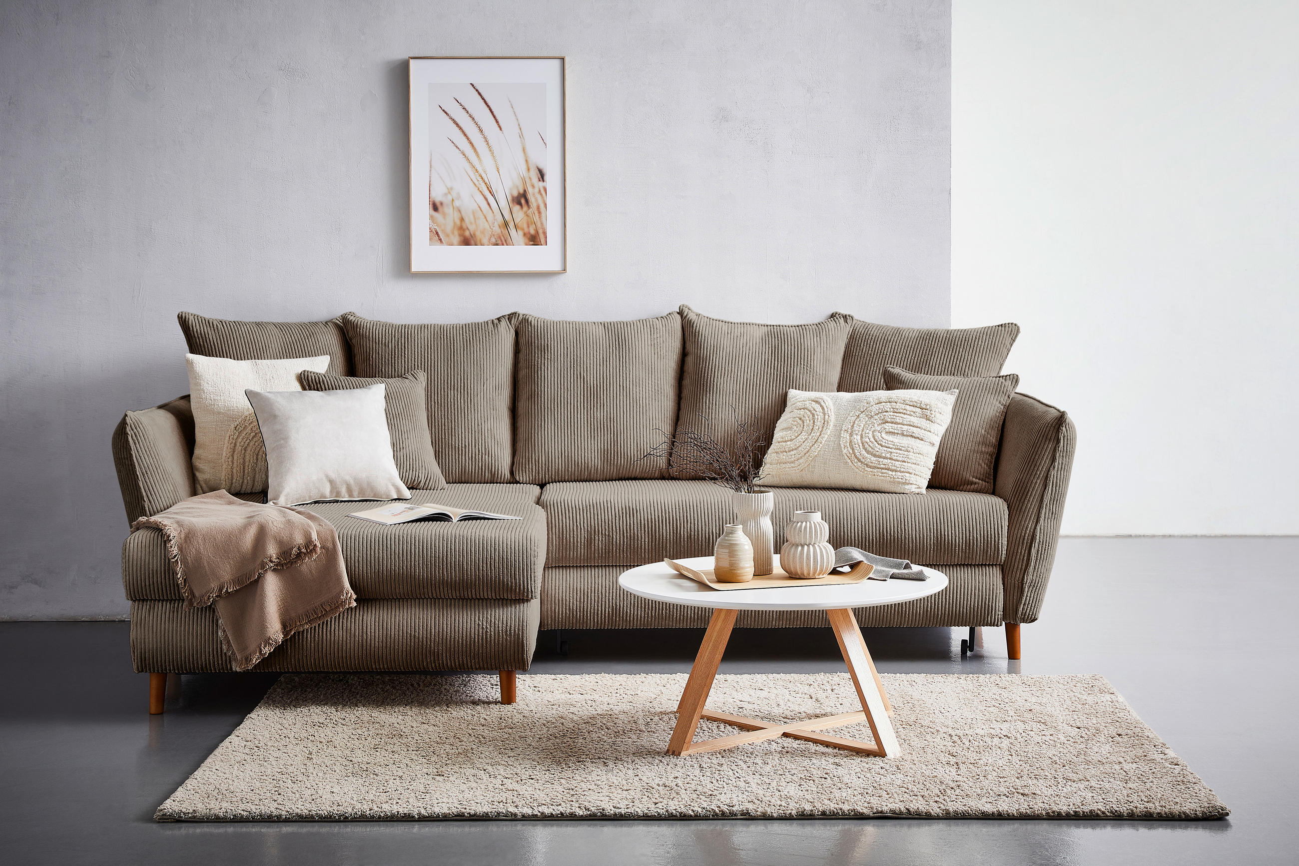 ECKSOFA Taupe Cord  - Taupe/Eichefarben, KONVENTIONELL, Holz/Textil (162/284cm) - Carryhome