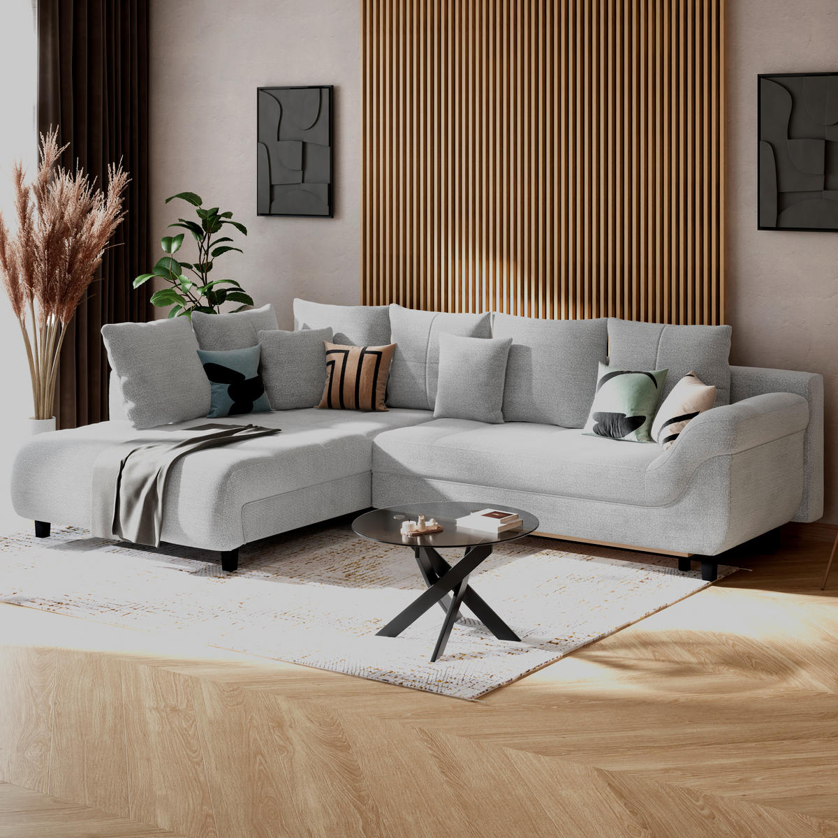 HÖRNSOFFA i chenille, struktur greige  - greige/svart, Klassisk, textil (197/309cm) - MID.YOU