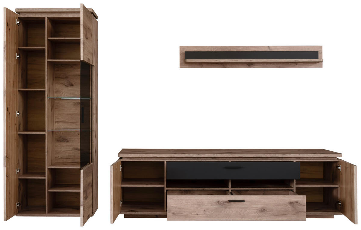 WOHNWAND 3-teilig  in Anthrazit, Eiche dunkel  295/208/50 cm  - Eiche dunkel/Anthrazit, KONVENTIONELL, Glas/Holzwerkstoff (295/208/50cm) - Cantus