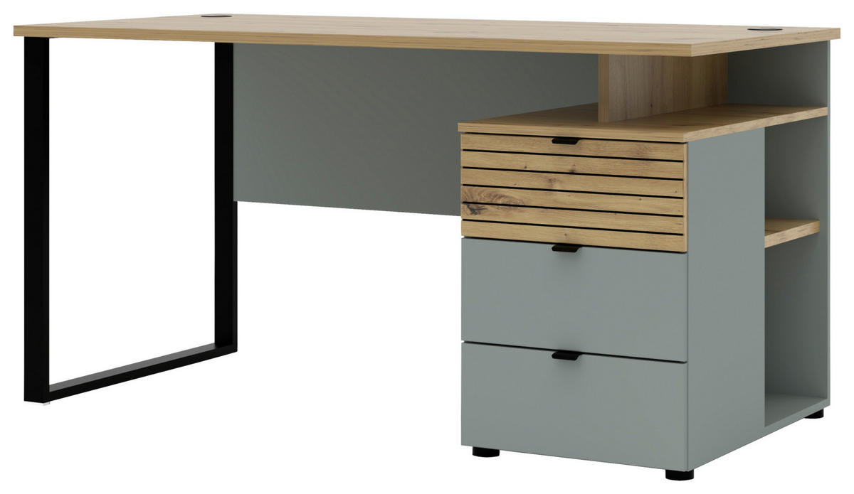 SCHREIBTISCH 150/77/73 cm Schwarz, Eiche Artisan, Schilfgrün  - Schilfgrün/Schwarz, KONVENTIONELL, Holzwerkstoff/Metall (150/77/73cm) - Voleo