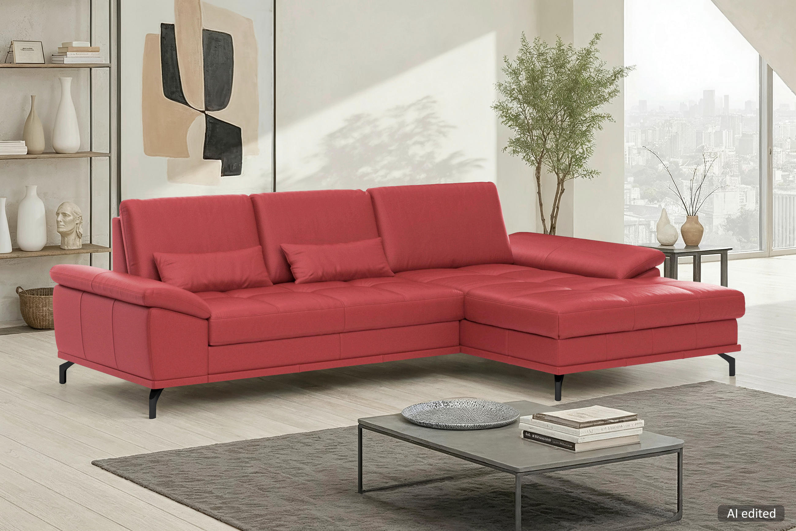 ECKSOFA COSTELLO E Rot Echtleder Nierenkissen, Armteilverstellung, Sitztiefenverstellung  - Rot/Schwarz, Basics, Leder/Textil (301/176cm) - Sit & More
