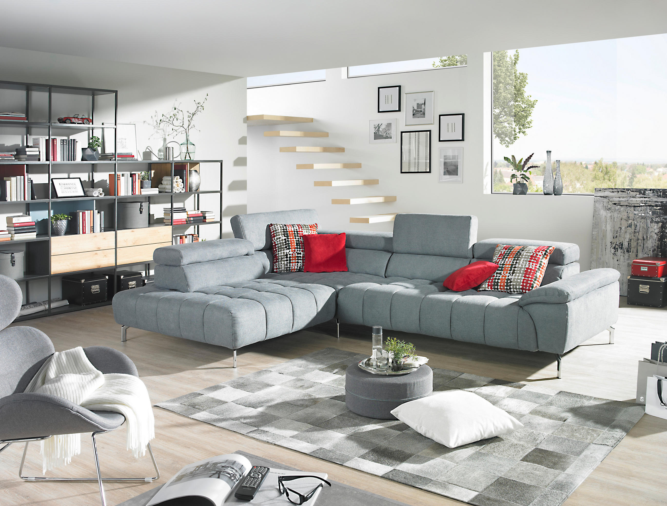 ECKSOFA Grau Chenille - Chromfarben/Grau, Design, Textil/Metall (222/323cm) - Beldomo Style
