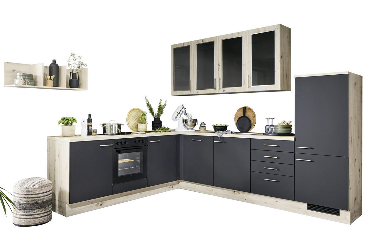 ECKKÜCHE 283,1/305,2 cm  Schwarz, Eichefarben  - Edelstahlfarben/Eichefarben, Konventionell, Glas/Holzwerkstoff (283,1/305,2cm) - Venda