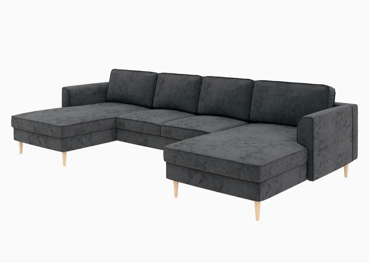 WOHNLANDSCHAFT Dunkelgrau Cord  - Dunkelgrau/Buchefarben, MODERN, Holz/Textil (161/306/161cm) - Trendmanufaktur