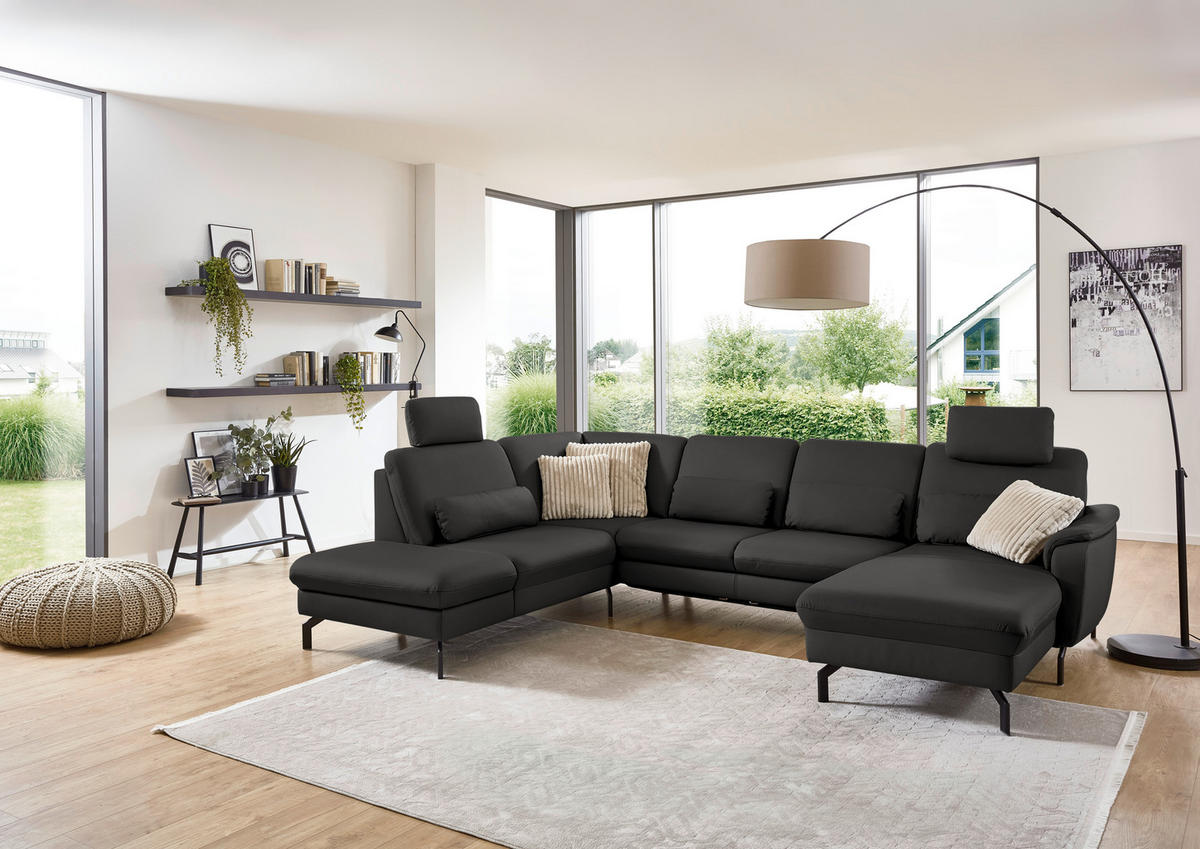 WOHNLANDSCHAFT Echtleder Dunkelgrau  - Dunkelgrau/Schwarz, Konventionell, Leder/Metall (224/306/168cm) - Beldomo Premium