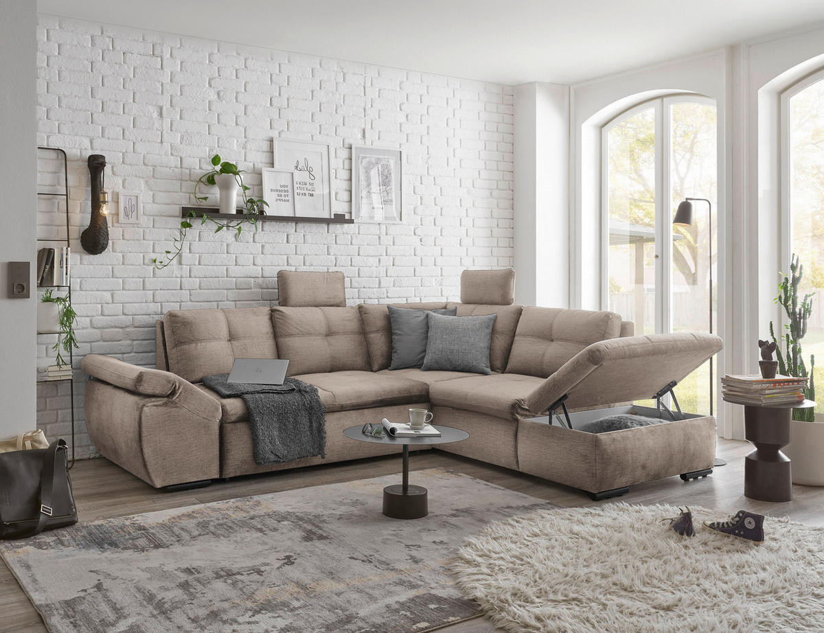 ECKSOFA in Mikrovelours Creme  - Creme/Schwarz, Konventionell, Kunststoff/Textil (265/217cm) - Carryhome