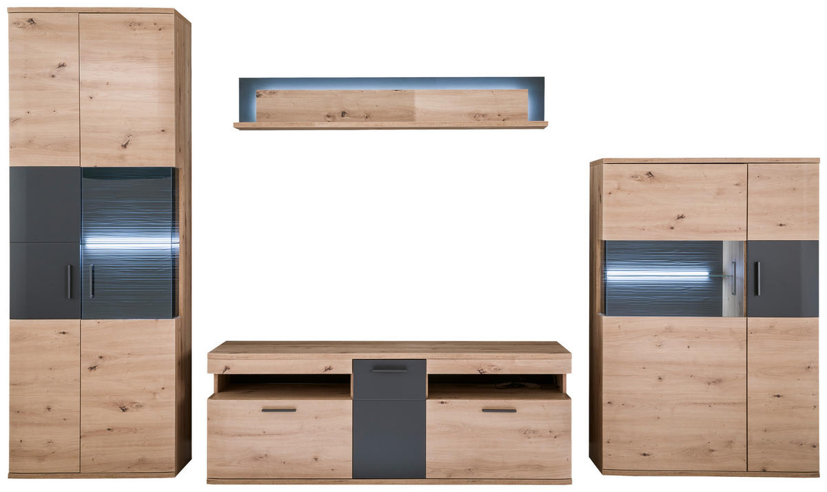 OBÝVACÍ STĚNA, antracitová, čiré, barvy dubu - barvy dubu/černá, Design, kov/kompozitní dřevo (330/198/50cm) - Livetastic