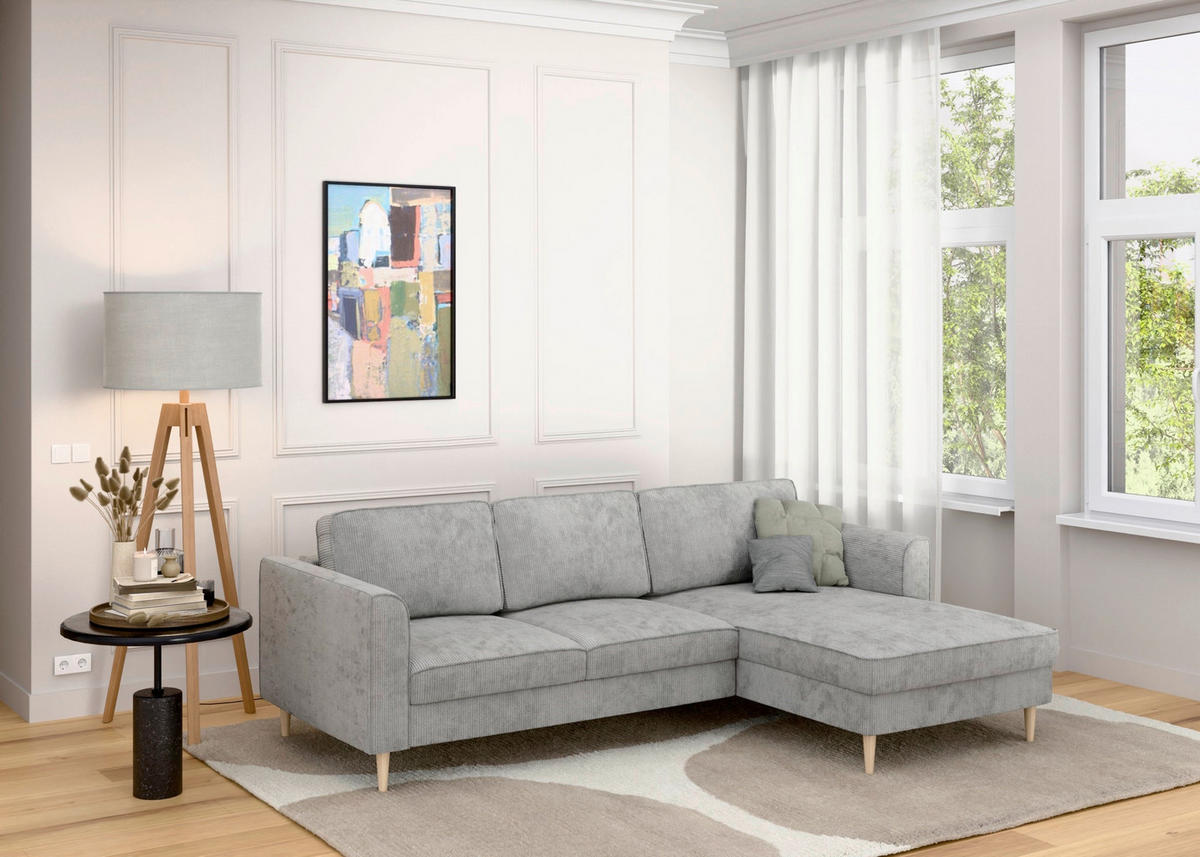 ECKSOFA Cord Grau  - Buchefarben/Grau, Modern, Holz/Textil (232/161cm) - Trendmanufaktur