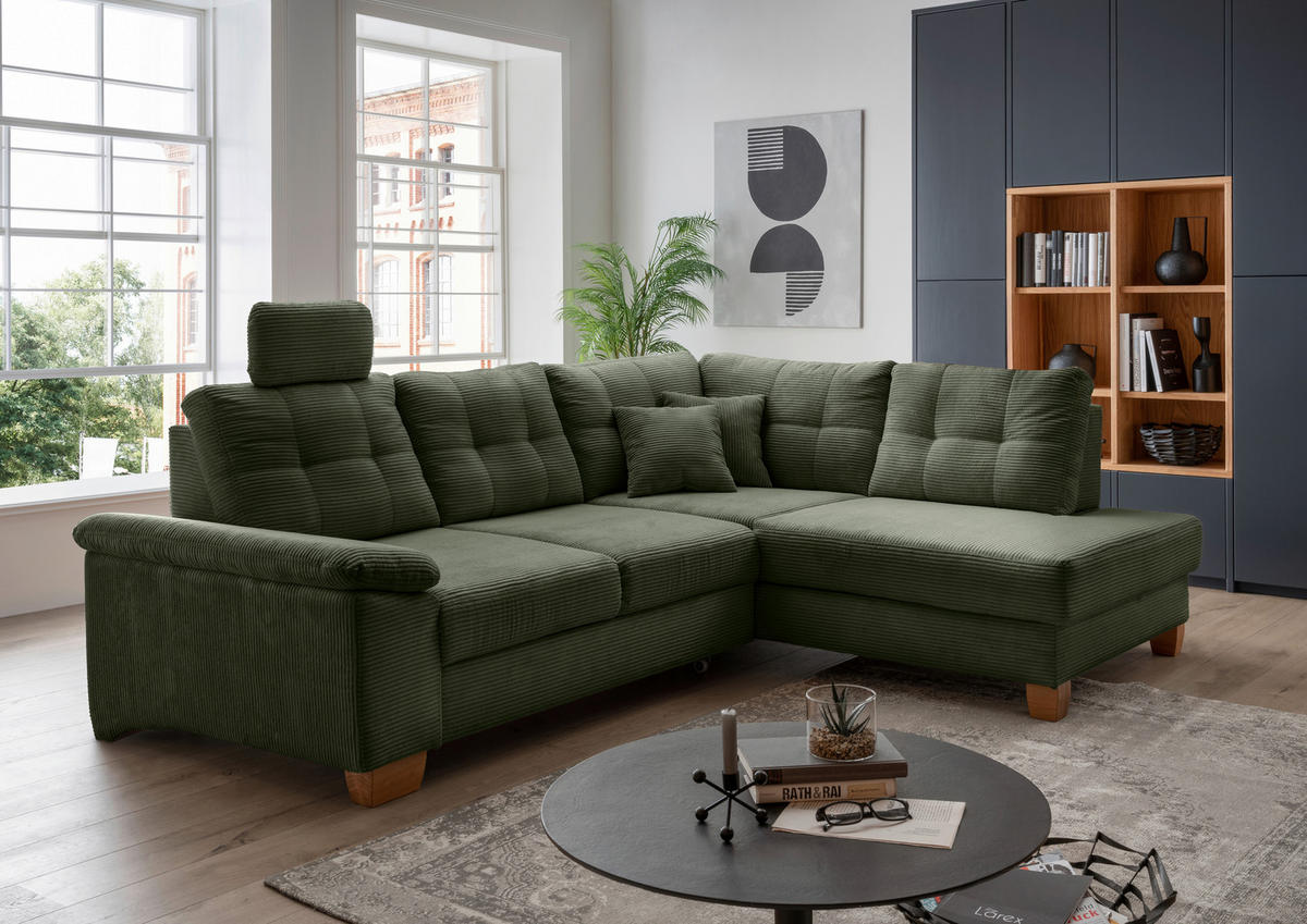 ECKSOFA in Cord Dunkelgrün  - Dunkelgrün/Naturfarben, Modern, Holz/Textil (274/206cm) - Livetastic