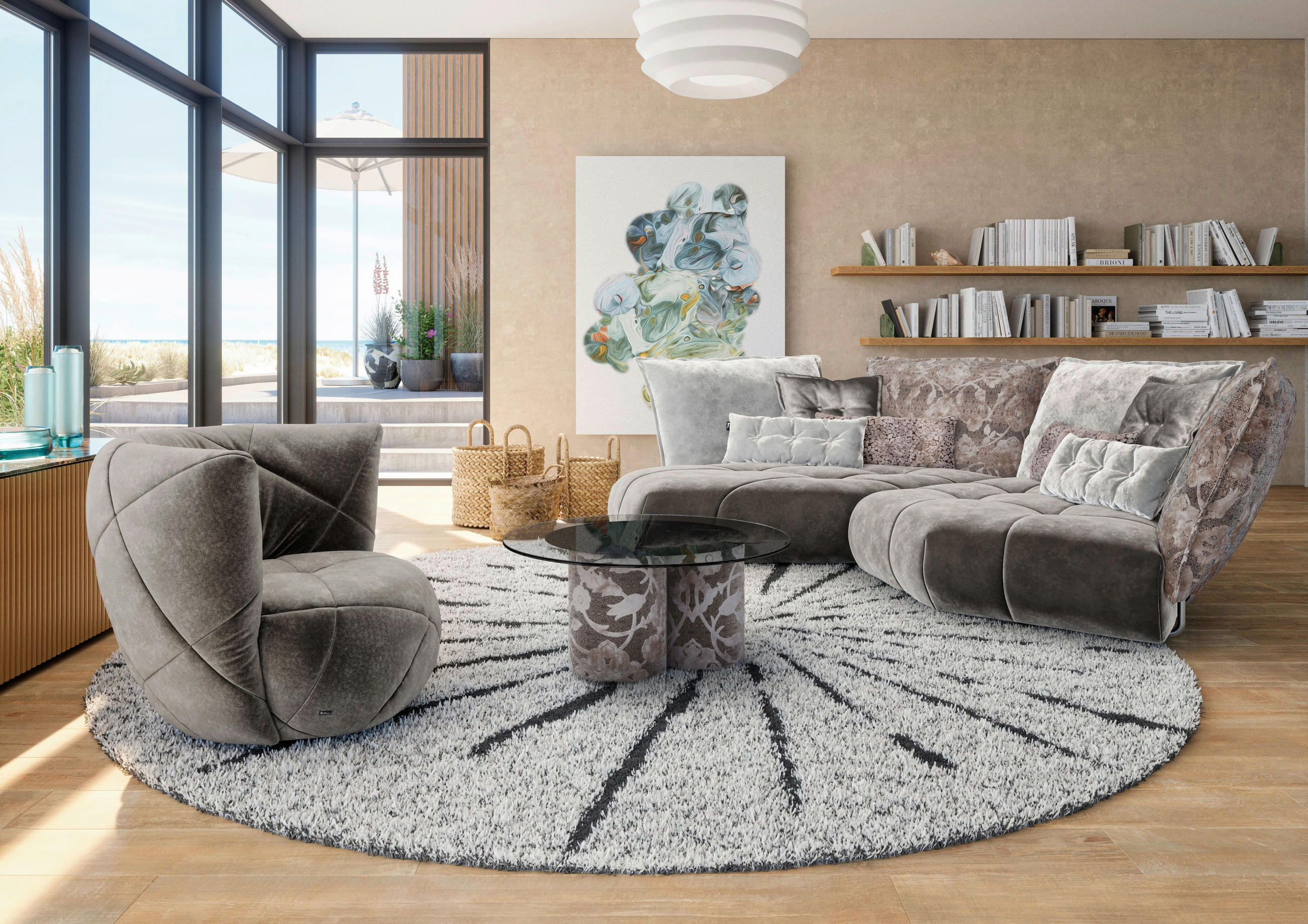 ECKSOFA in Velours Grau, Greige  216/330 cm  - Greige/Grau, Trend, Textil (216/330cm) - Bretz