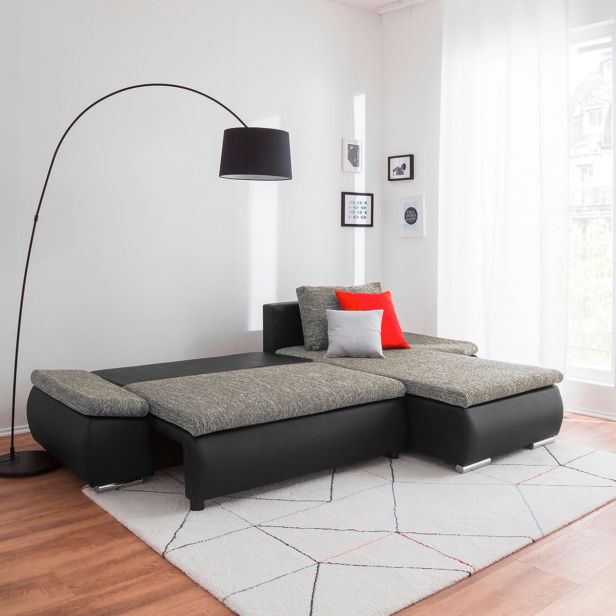 ECKSOFA Grau, Schwarz Textilgeflecht  - Chromfarben/Schwarz, Design, Textil (266/175cm) - Livetastic