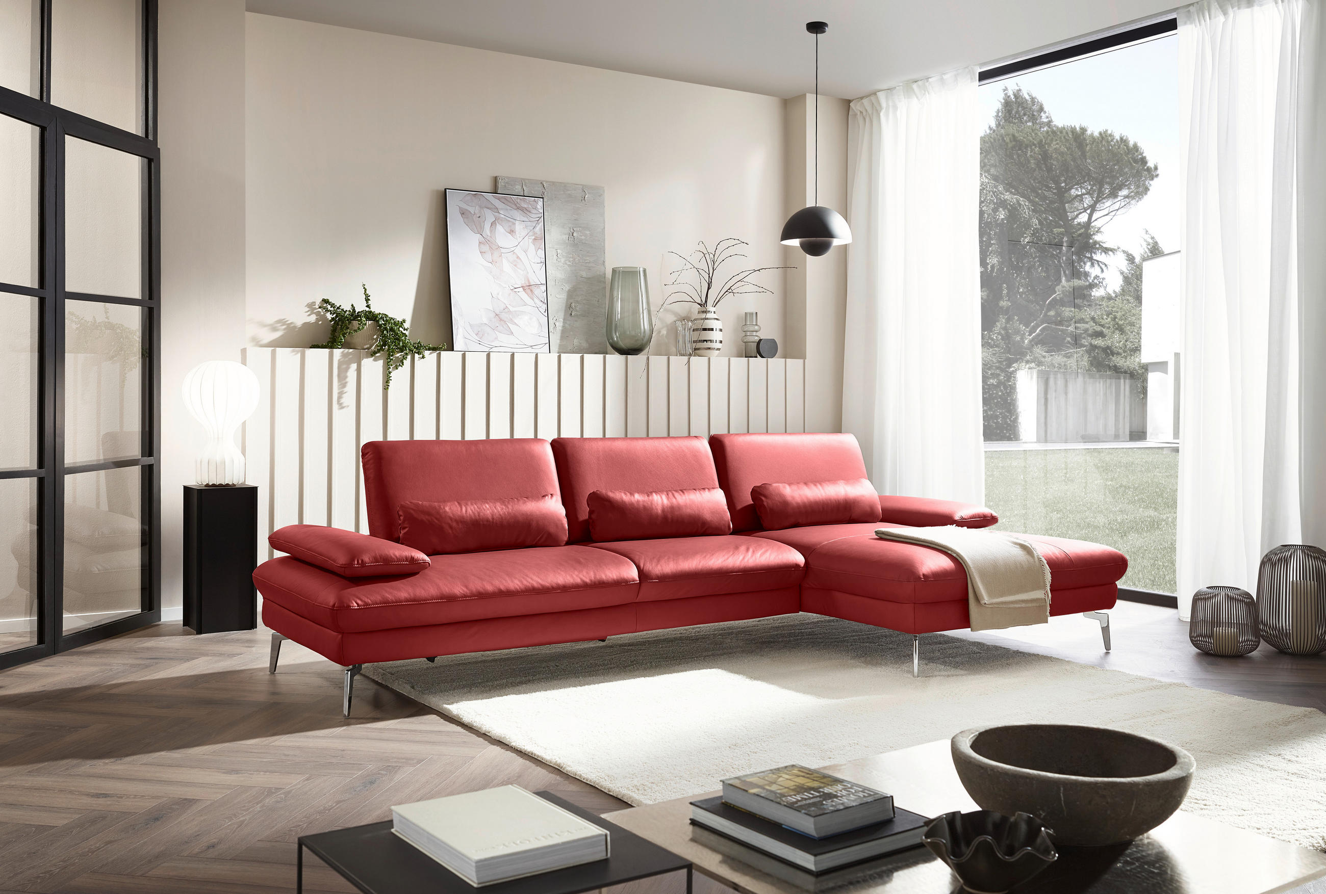 ECKSOFA in Echtleder Dunkelrot  - Chromfarben/Dunkelrot, Design, Leder/Metall (325/157cm) - Dieter Knoll