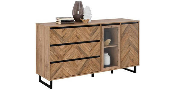 SIDEBOARD 156,4/82,6/42 cm  - Eichefarben/Schwarz, KONVENTIONELL, Glas/Holzwerkstoff (156,4/82,6/42cm) - Hom`in