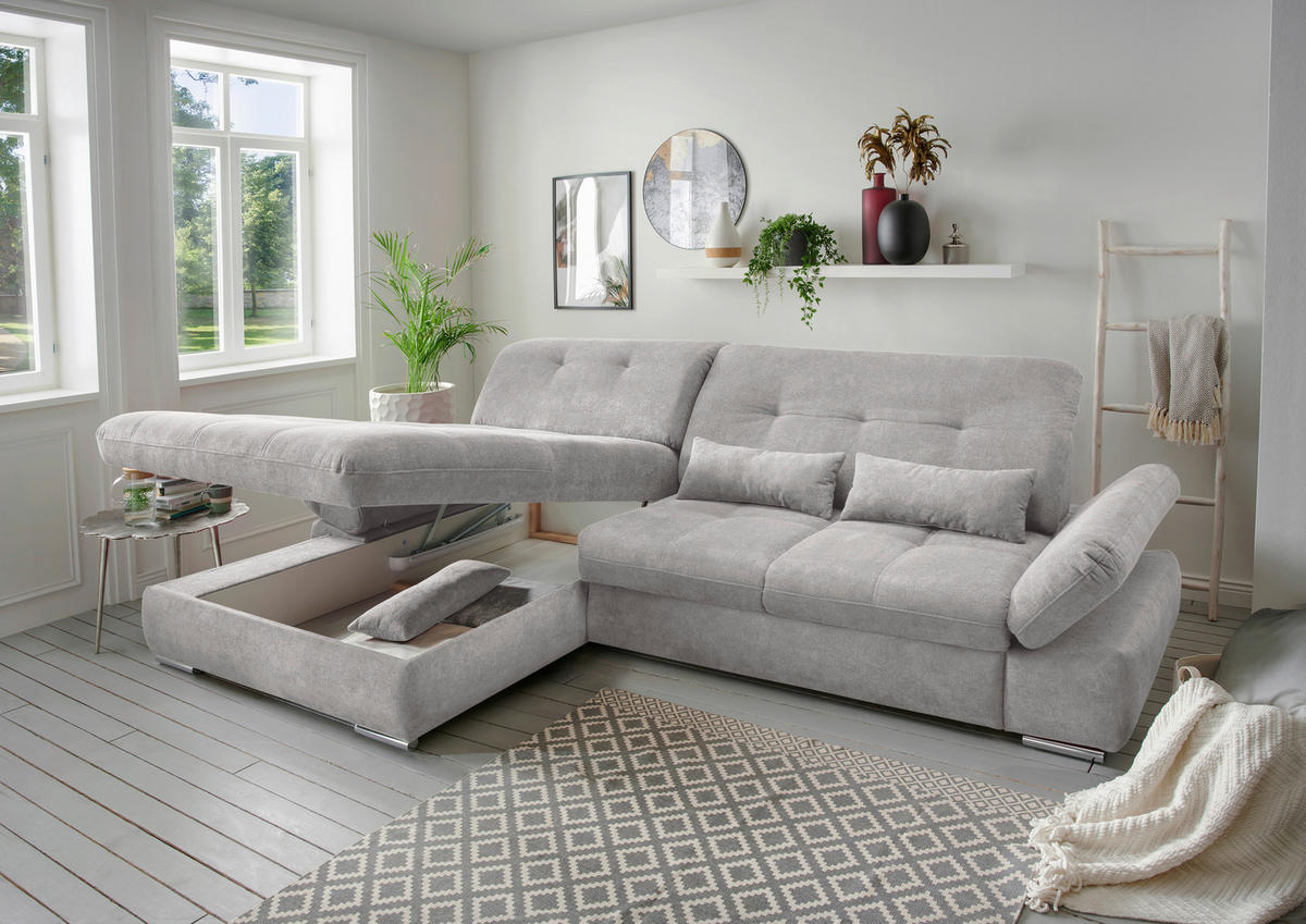 ECKSOFA in Chenille Grau  - Chromfarben/Grau, Design, Textil/Metall (196/300cm) - Livetastic