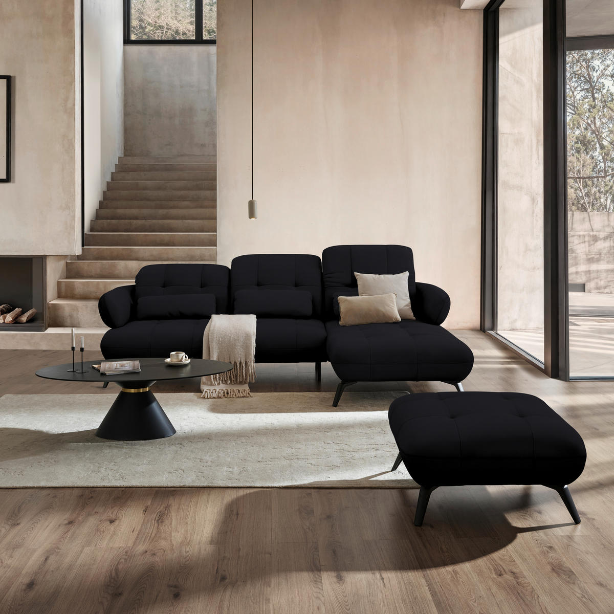 ECKSOFA Flachgewebe Schwarz  - Schwarz, Design, Textil/Metall (282/189cm) - Novel
