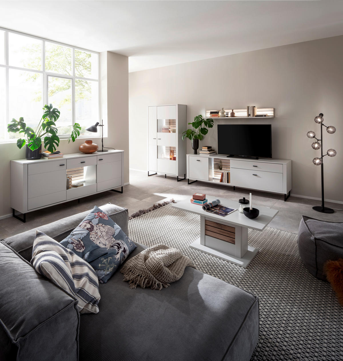 WOHNWAND  in Weiss, Eichefarben 326/185/44 cm  - Weiss/Eichefarben, Design, Glas/Holzwerkstoff (326/185/44cm) - Stylife