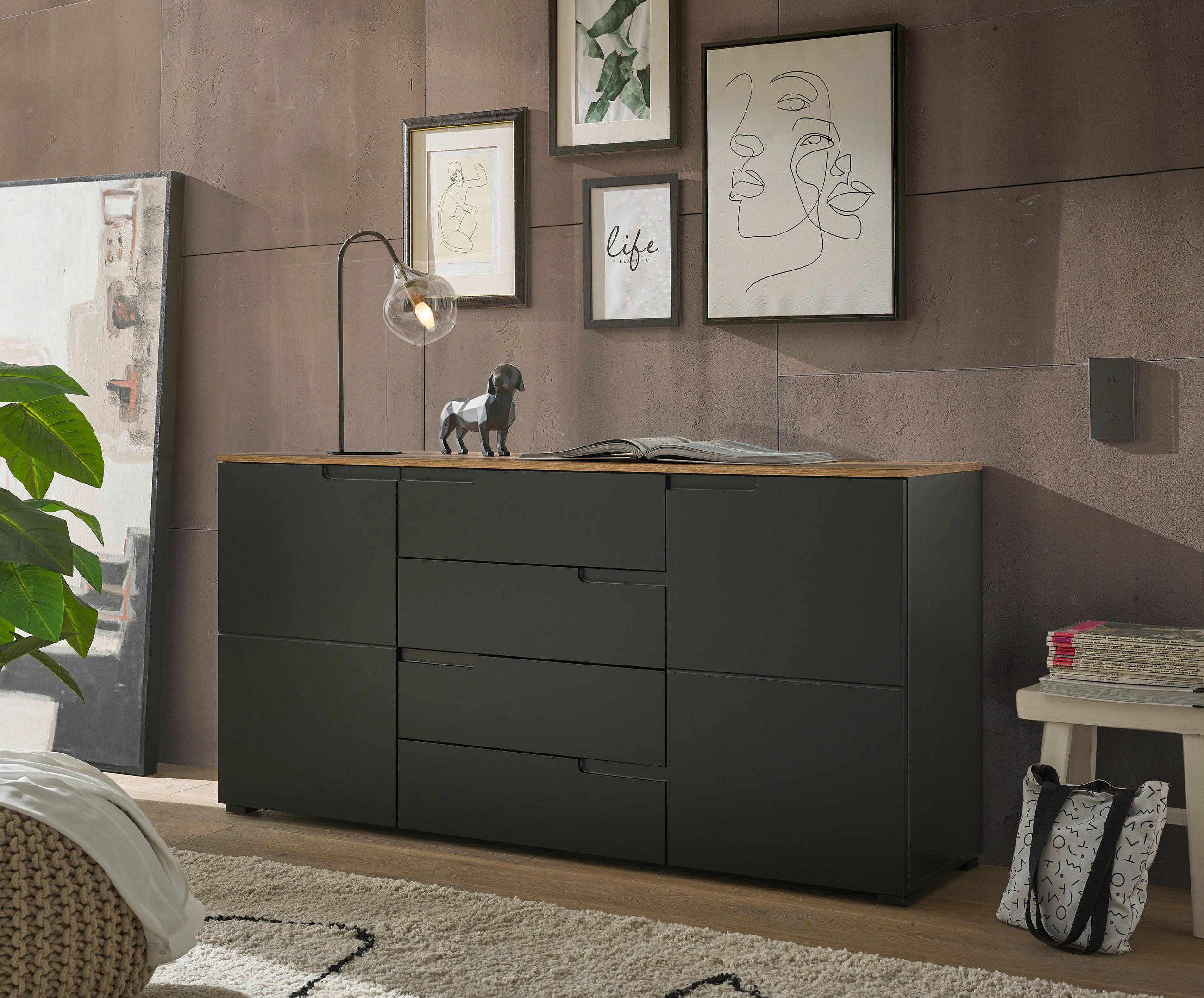 SIDEBOARD  in 165/80/40 cm  - Eichefarben/Schwarz, Design, Holzwerkstoff (165/80/40cm) - home24