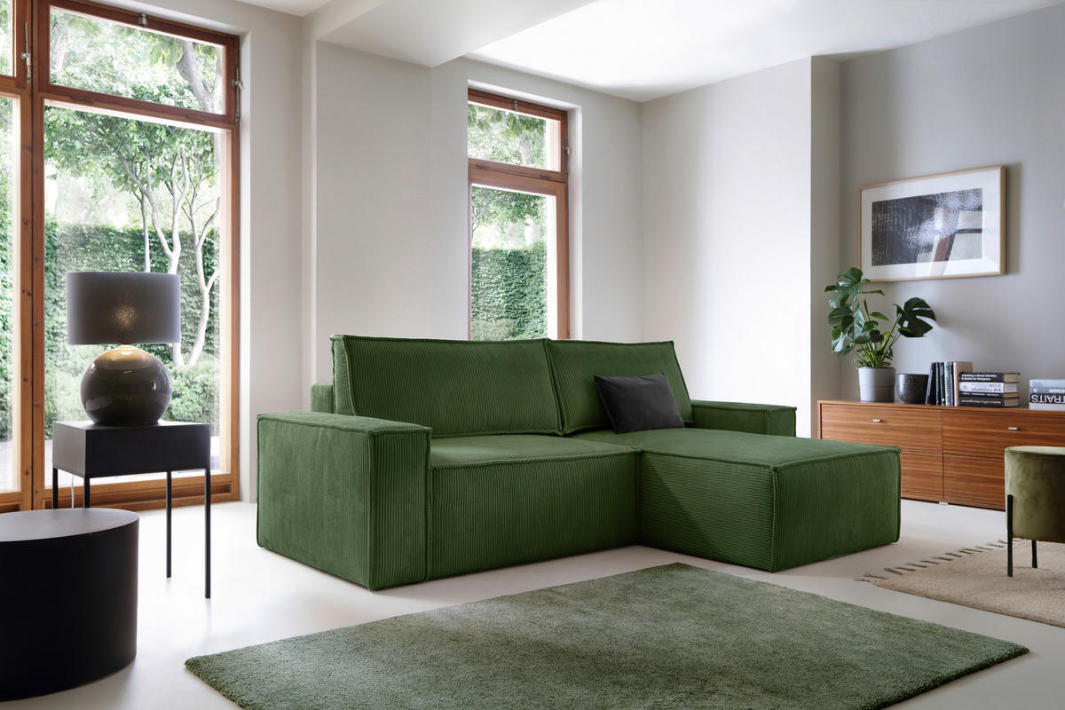 ECKSCHLAFSOFA Samt Dunkelgrün  - Dunkelgrün/Schwarz, KONVENTIONELL, Holz/Kunststoff (251/170cm) - MID.YOU