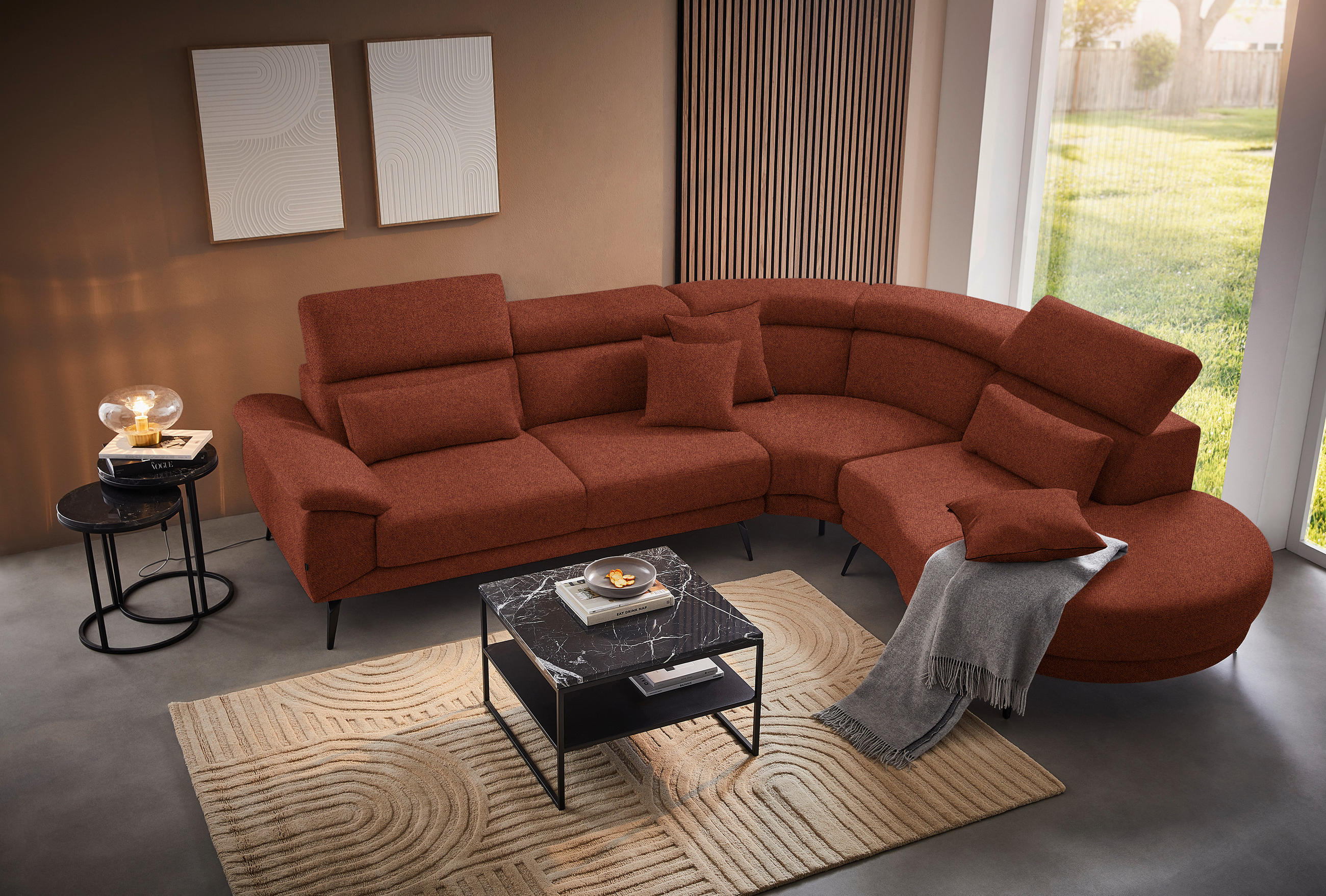 ECKSOFA Rostfarben Velours  - Rostfarben/Schwarz, Design, Textil/Metall (299/264cm) - Novel