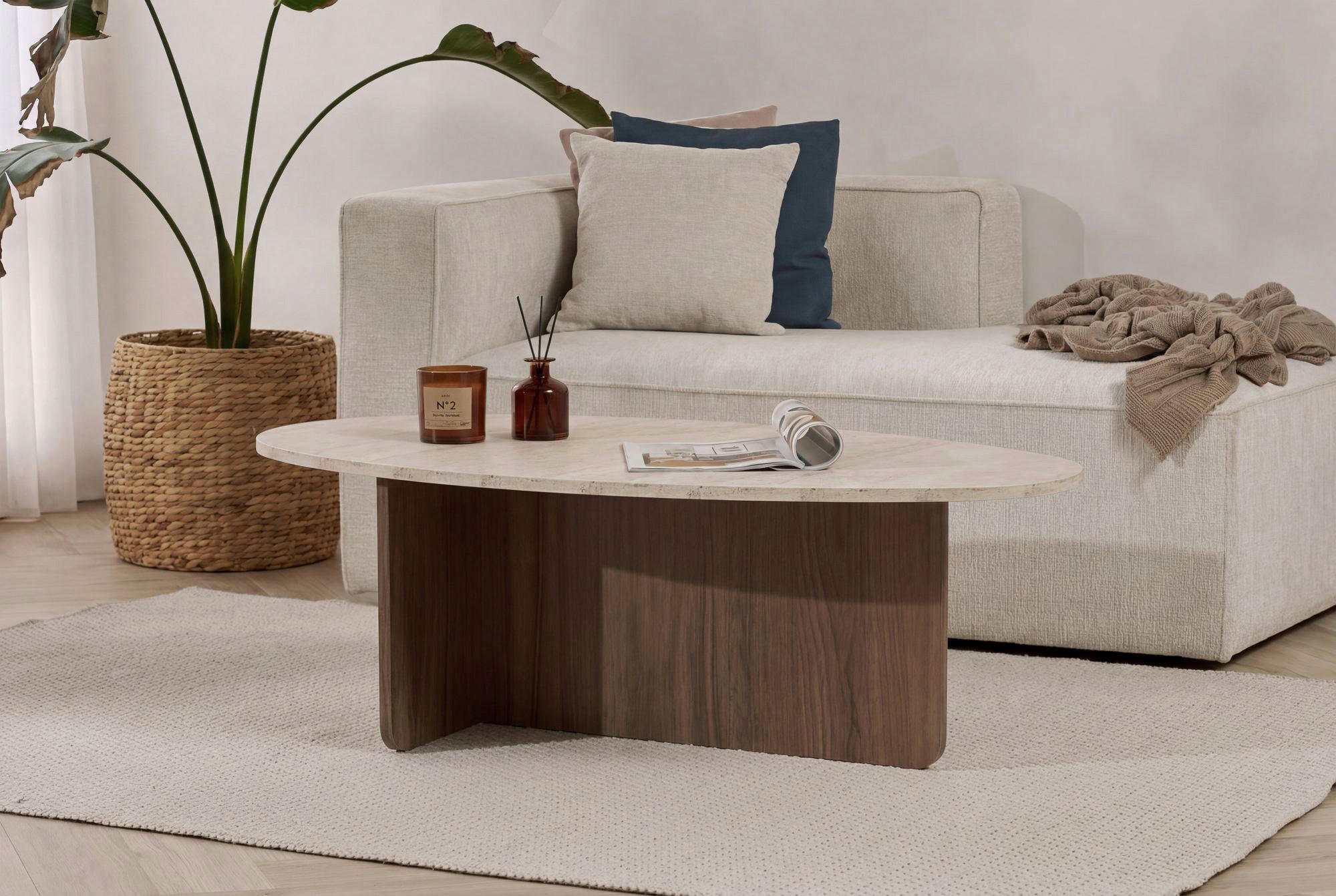 Mid.you Couchtisch Creme, Walnuss 40x65x120 cm