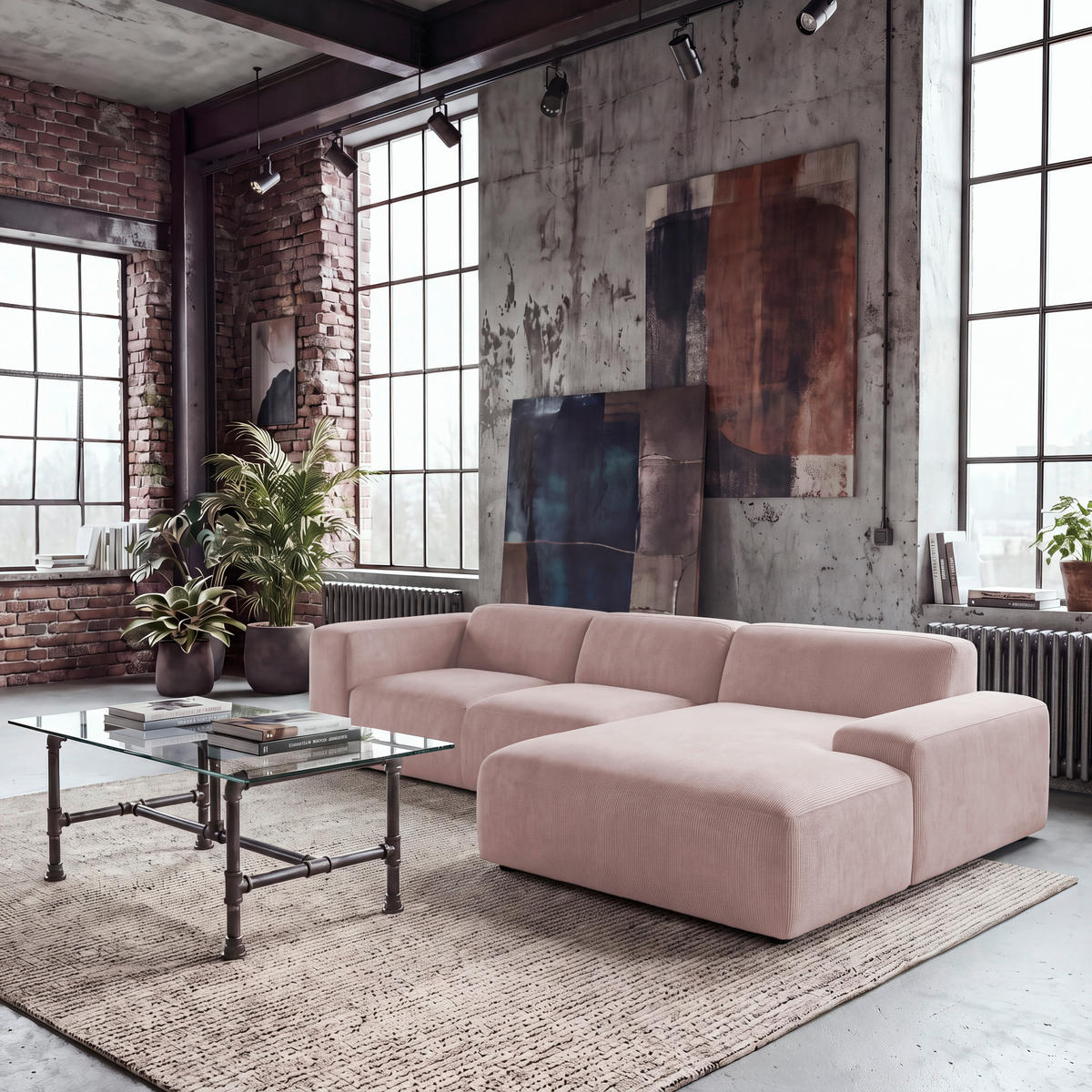 ECKSOFA 304/200 cm HANNAH in Cord Rosa  304/200 cm  - Schwarz/Rosa, Design, Kunststoff/Textil (304/200cm) - MID.YOU