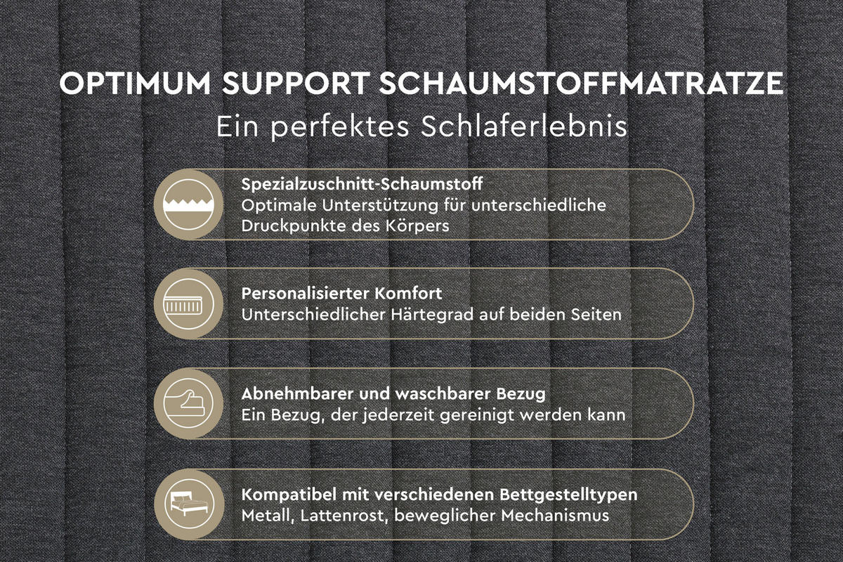 KOMFORTSCHAUMMATRATZE Optimum Support 140/200 cm Höhe ca. 16 cm  - Schwarz/Grau, Basics, Textil (140/200cm) - Yatas