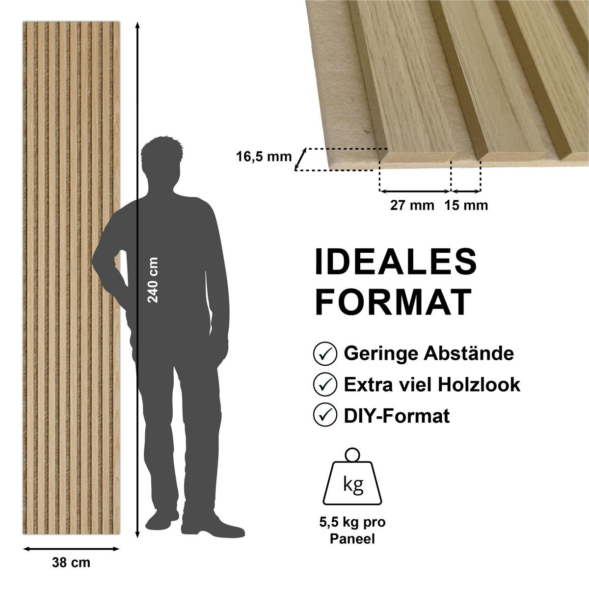 AKUSTIKPANEEL Economico Eichefarben 240/38/1,65 cm  - Eichefarben, Basics, Holzwerkstoff/Kunststoff (240/38/1,65cm)