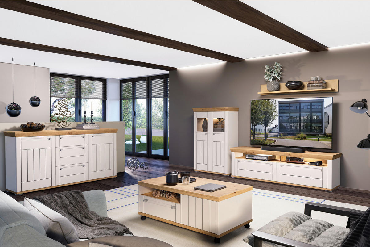 WOHNWAND  Kaschmir, Eiche Artisan 306/192/53 cm  - Kaschmir/Eiche Artisan, Romantik / Landhaus, Glas/Holzwerkstoff (306/192/53cm) - Landscape