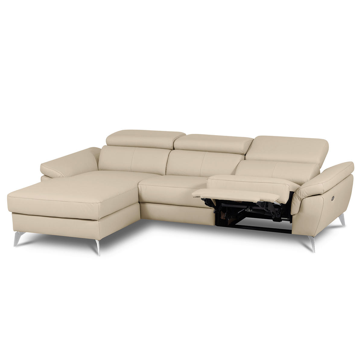 ECKSOFA Grau Echtleder Lederlook Rücken echt, Armteilverstellung, Relaxfunktion, Kopfteilverstellung  - Chromfarben/Grau, Design, Leder/Textil (179/252cm) - Livetastic
