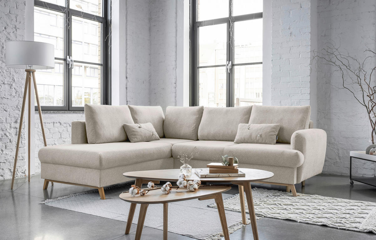 ECKSOFA in Chenille Beige  - Beige/Naturfarben, Holz/Textil (202/242cm) - MID.YOU
