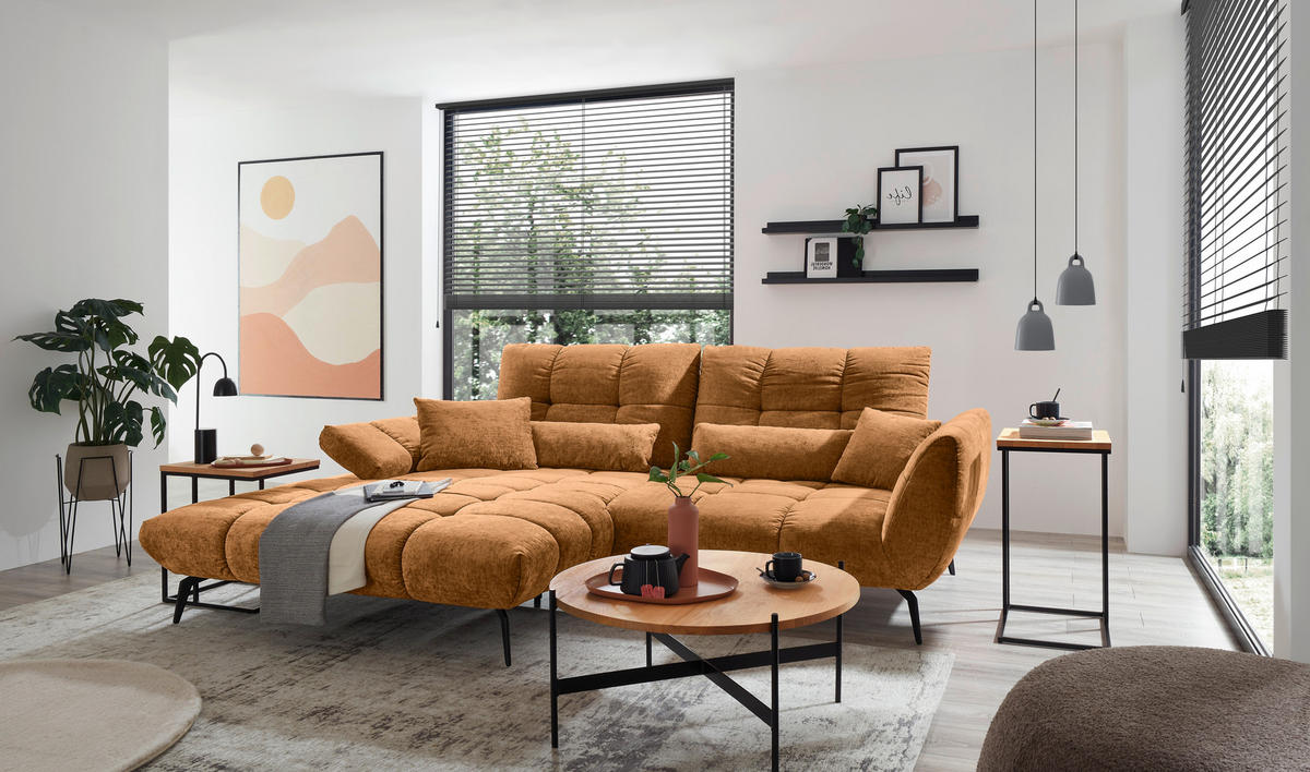 ECKSOFA Senfgelb Flachgewebe Rücken echt, Sitztiefenverstellung  - Senfgelb/Schwarz, KONVENTIONELL, Textil/Metall (211/273cm) - SetOne by Musterring