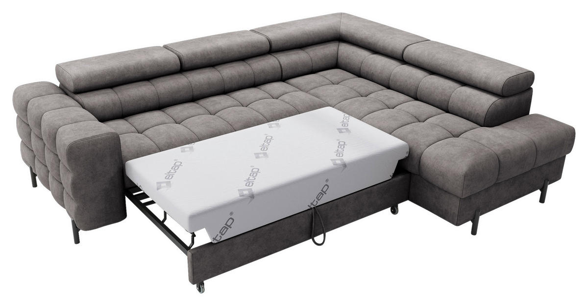 ECKSOFA FERUCCE Grau Chenille Bettkasten, Kopfteilverstellung  - Schwarz/Grau, Design, Textil/Metall (276/200cm) - MID.YOU