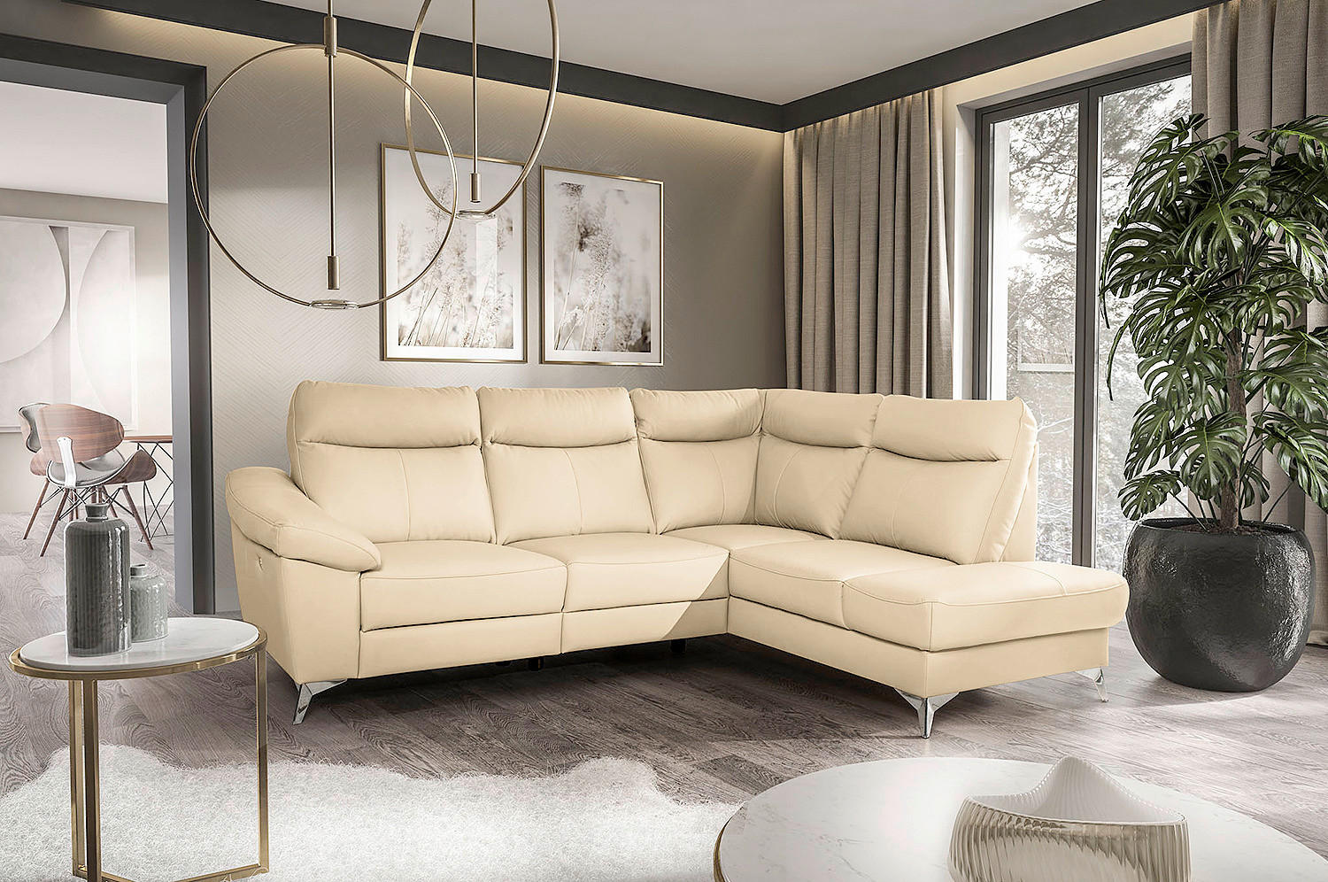 ECKSOFA Beige Echtleder Lederlook Bettkasten, Rücken echt, Relaxfunktion  - Chromfarben/Beige, Design, Leder/Textil (242/194cm) - Livetastic