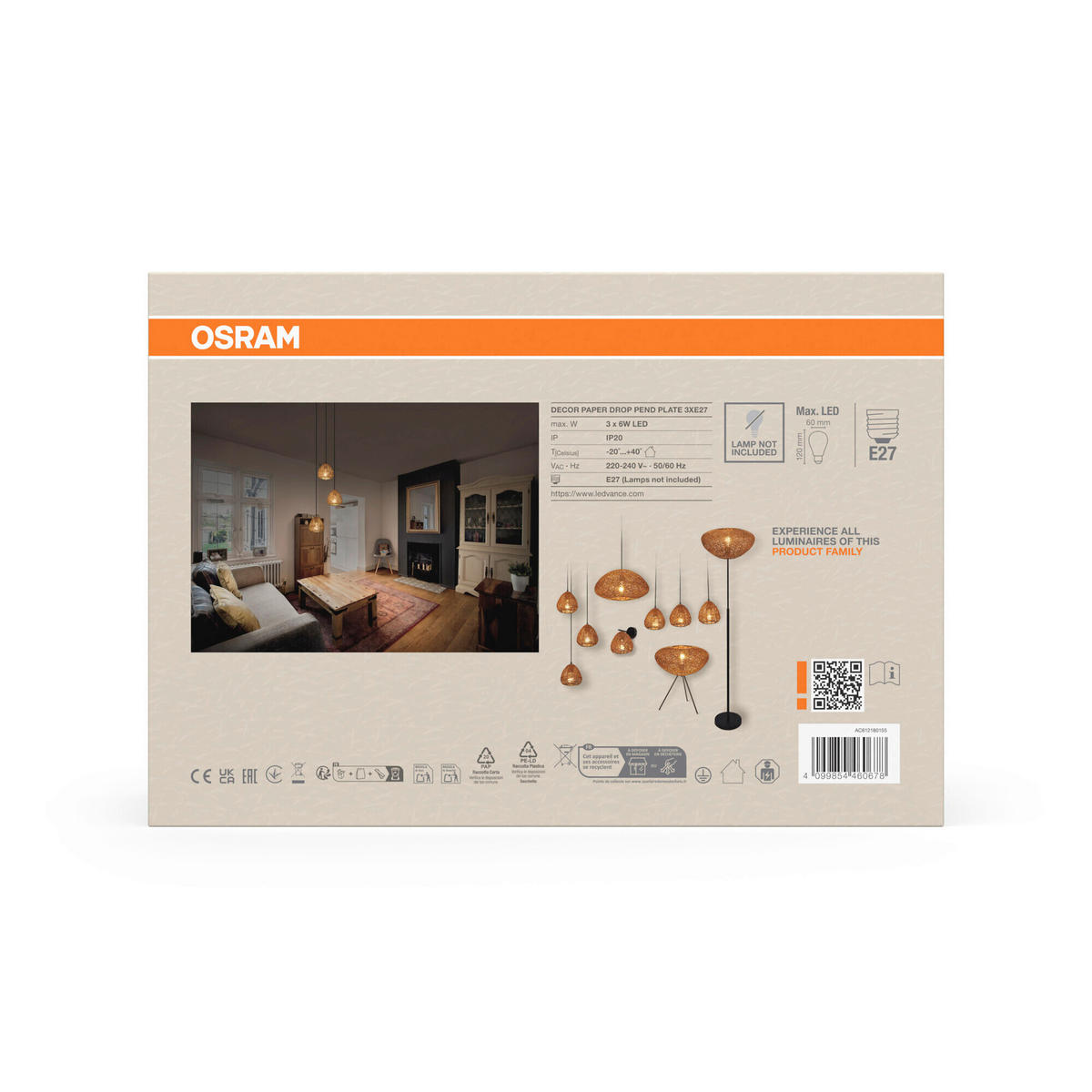 HÄNGELEUCHTE 36.7/150 cm  - Beige, Basics, Papier/Metall (36.7/150cm) - Osram