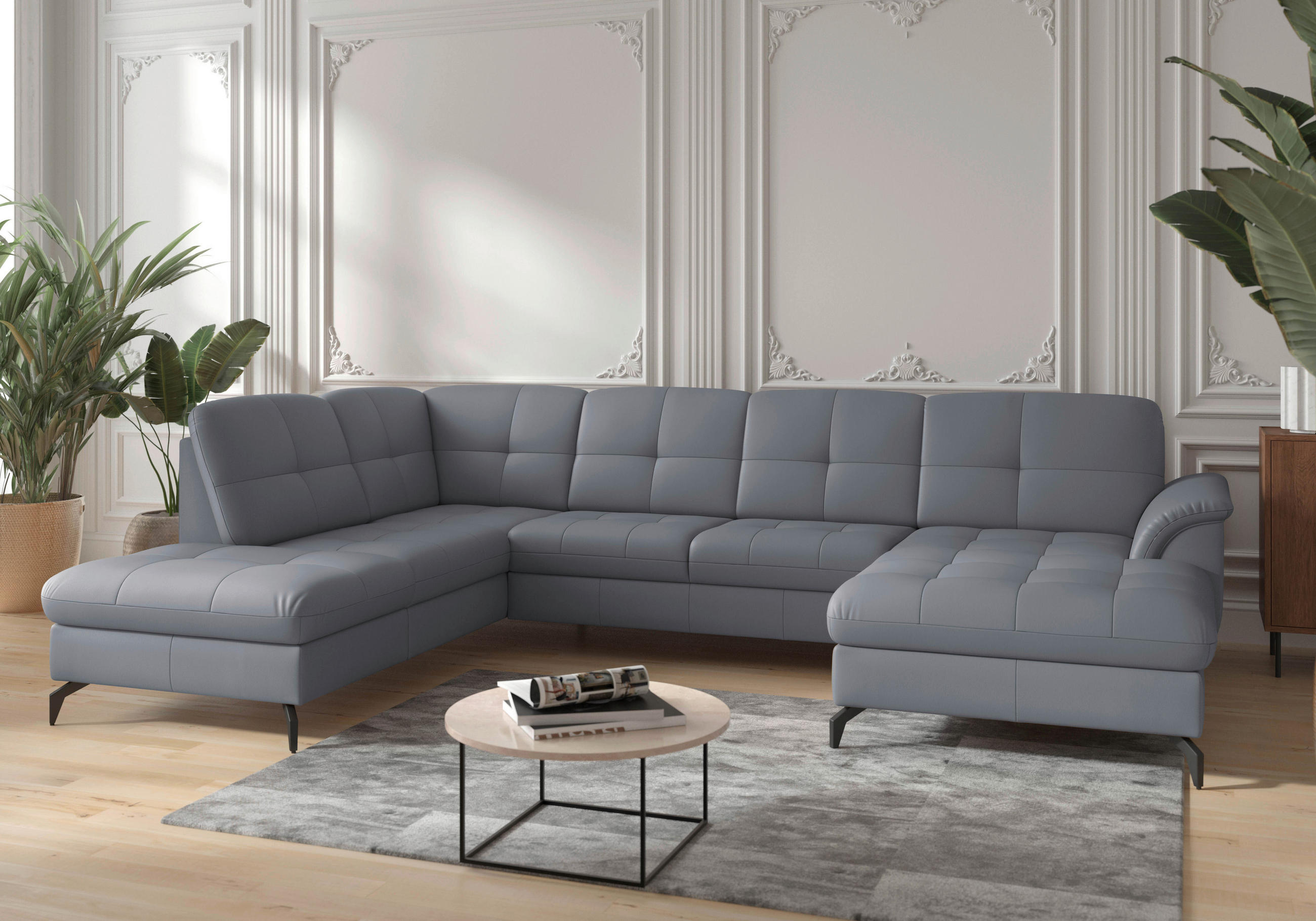 WOHNLANDSCHAFT Graublau Echtleder  - Graublau/Schwarz, MODERN, Leder/Metall (212/319/164cm) - Sit & More