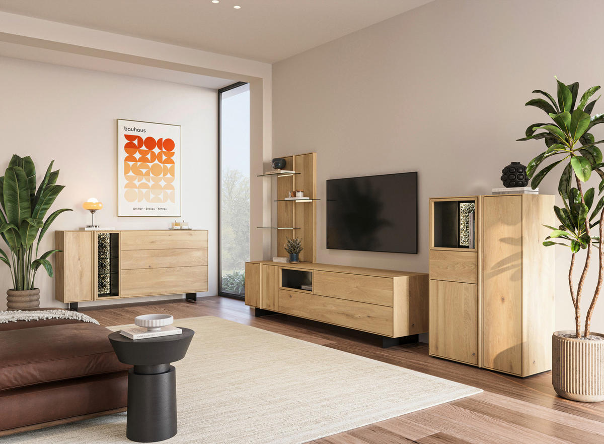 WOHNWAND  in Eichefarben  248/183/50 cm  - Eichefarben/Schwarz, Natur, Glas/Leder (248/183/50cm) - Cassando