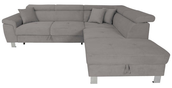ECKSOFA inkl. Funktionen Dunkelgrau Cord Zierkissen, Bettkasten, Schlaffunktion, Kopfteilverstellung, Kopfstütze  - Dunkelgrau/Silberfarben, Design, Textil/Metall (257/226cm) - Xora