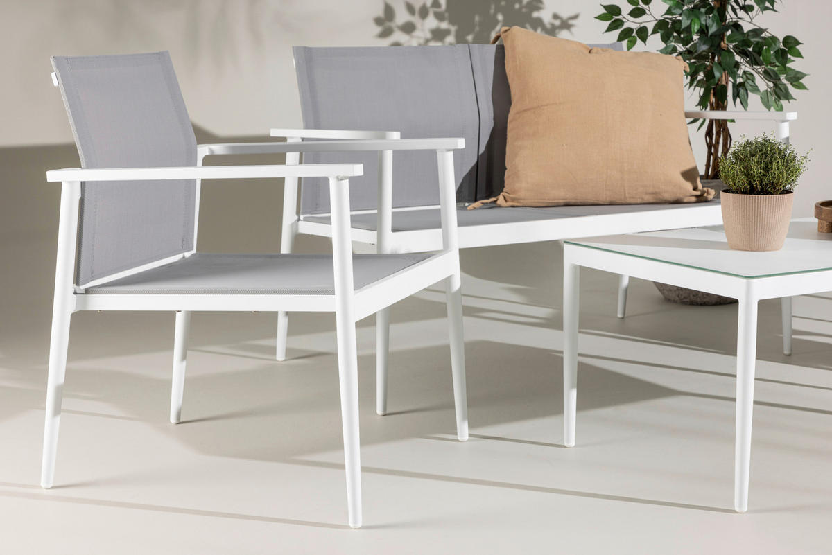 LOUNGEGARNITUR 4-teilig   Aluminium  - Weiß/Grau, KONVENTIONELL, Glas/Textil - Gardenson