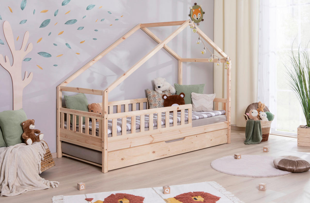 HAUSBETT 100/200 cm,  in Naturfarben, Absturzsicherung, Matratze, Rollrost, Bettkasten  - Naturfarben, MODERN, Holz/Textil (100/200cm) - MID.YOU