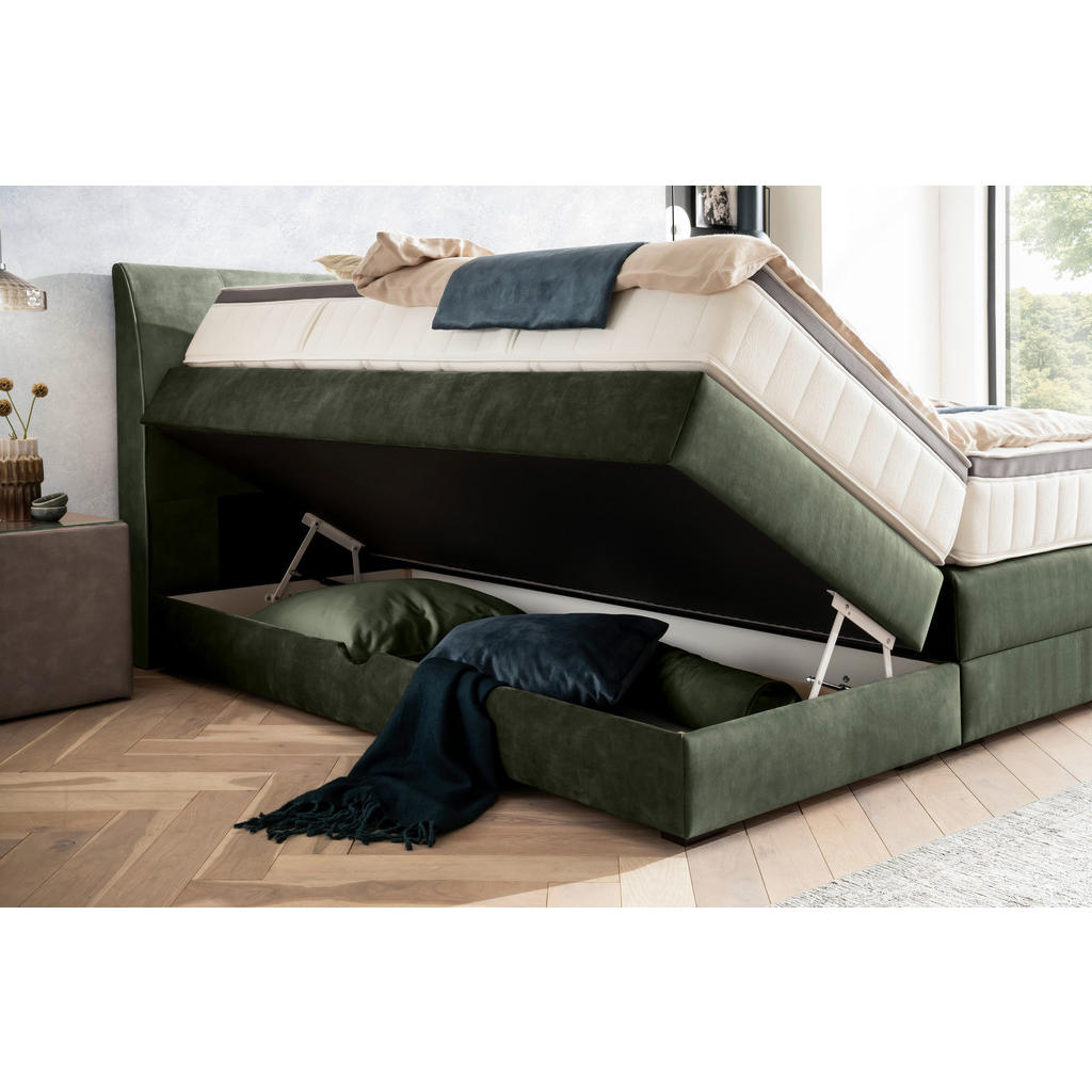 Thumbnail - Novel Boxspringbett, Waldgrün, Textil, Wenge, H3 + H4, 7-Zonen, Höhe ca. 18 cm, 180x200 cm, Bettkasten, Federkernmatratz...